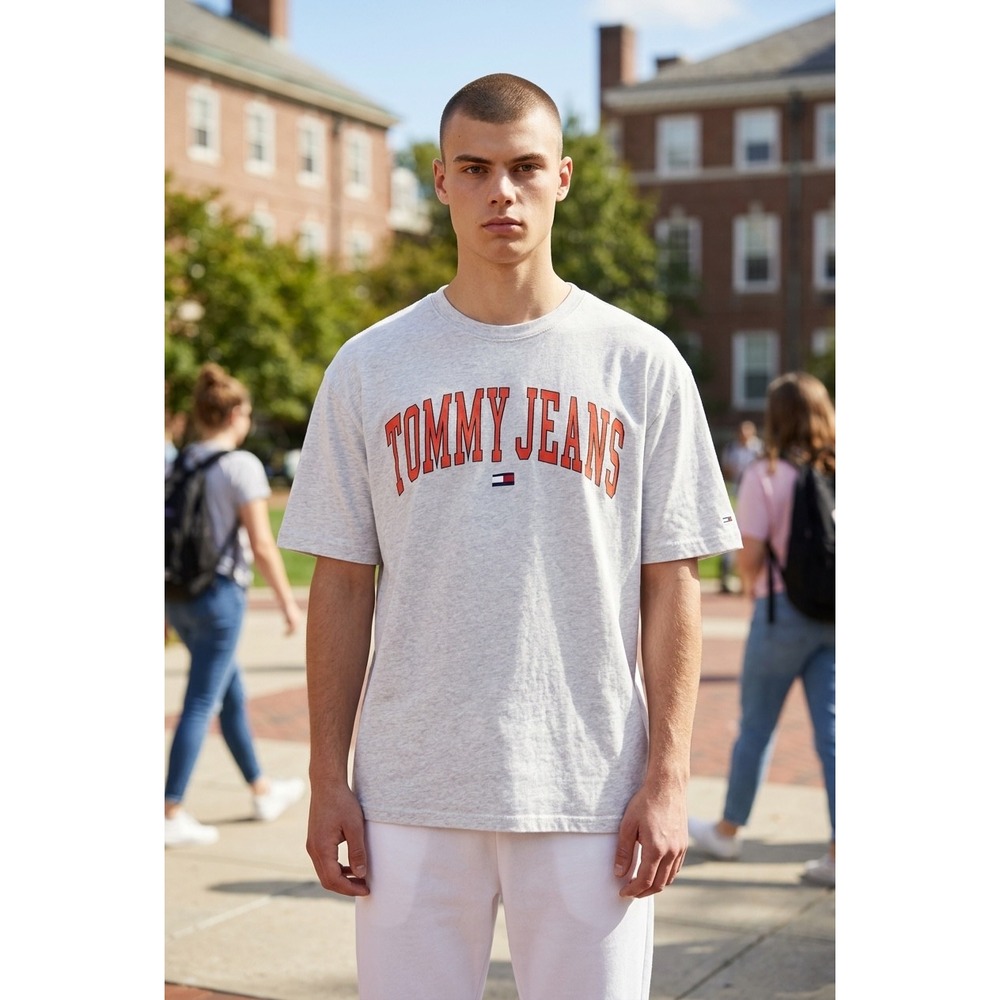 Tommy Jeans Mens Heather Grey Collegiate Arch Logo Graphic T-Shirt Size M
